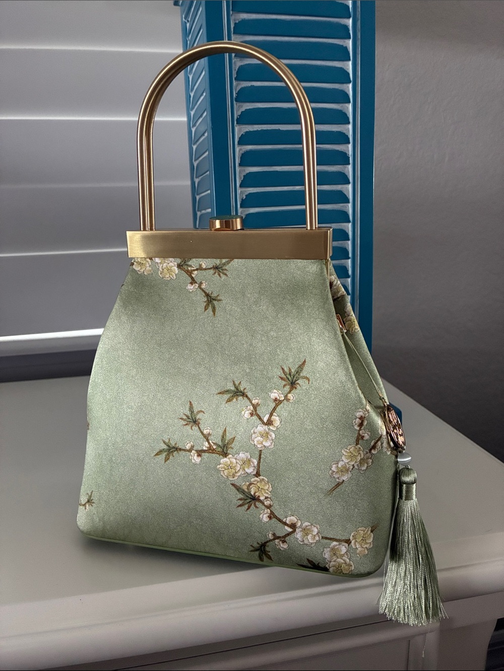 Sage Floral Satin Top-Handle Bag with Tassel Accent
